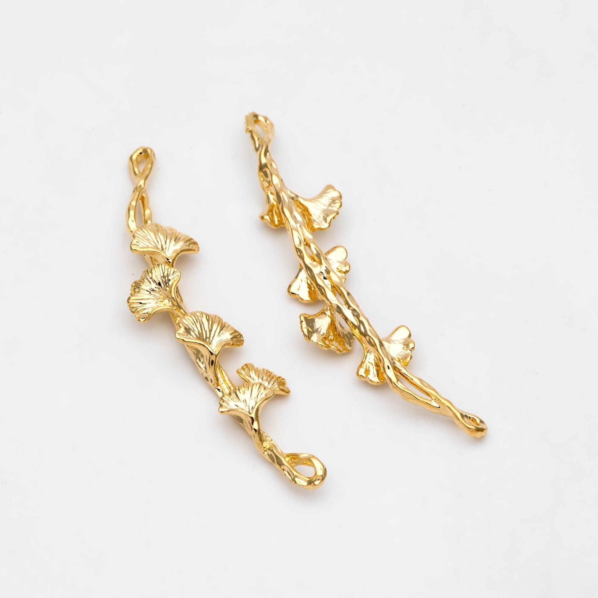 10pcs Gold Ginkgo Leaf Charm Connectors 44x13mm, Real Gold plated Brass, Branch Pendants with Two Loops (GB-3622-J)